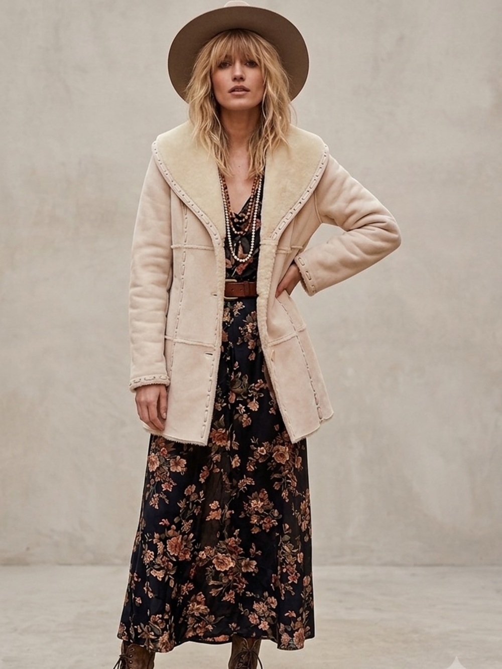Dennis Basso Penny Lane Coat. Vegan Suede and Shearling. Whipstitch detail, 2X